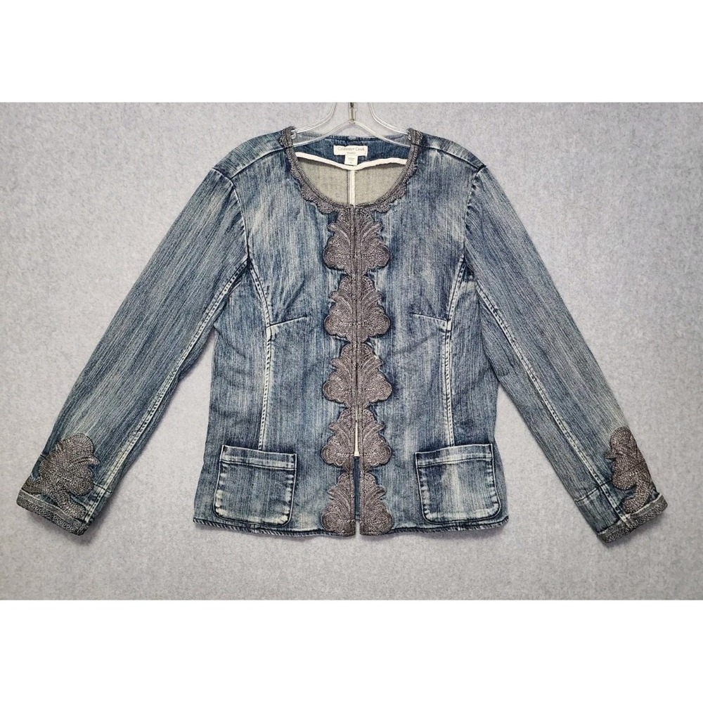 Coldwater‎ Creek Womens Denim Jean Jacket Embroidered Boho Hook Closure Size 12